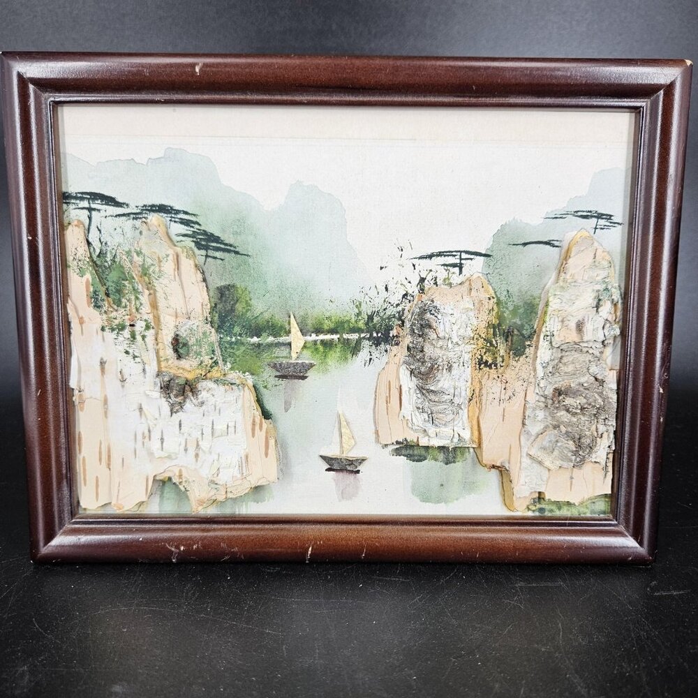 Vintage 3D Mixed Media Landscape Art Framed Original Boats Cliffs Trees 8x6